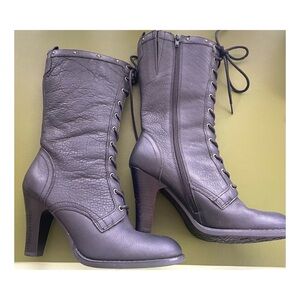 NWOT Bass “Lilian” Black Genuine Leather Lace Up Mid Calf Heeled Boots